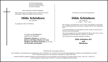Traueranzeige von Hilde Schönborn von Tageszeitung