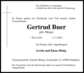 Traueranzeige von Gertrud Buer von Tageszeitung