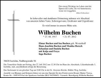 Traueranzeige von Wilhelm Buchen von Tageszeitung