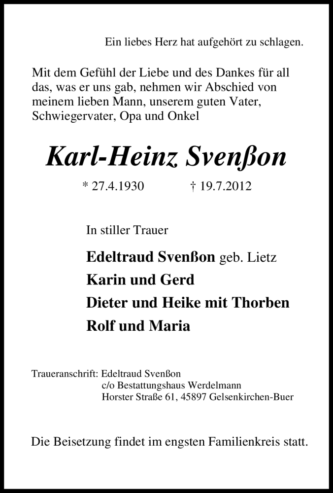  Traueranzeige für Karl-Heinz Svenßon vom 21.07.2012 aus Tageszeitung