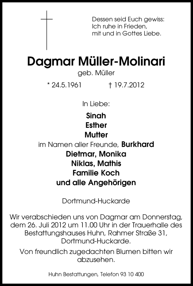  Traueranzeige für Dagmar Müller-Molinari vom 21.07.2012 aus Tageszeitung