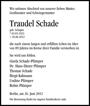 Traueranzeige von Traudel Schade von Tageszeitung
