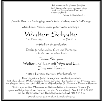 Traueranzeige von Walter Schulte von Tageszeitung