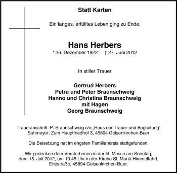 Traueranzeige von Hans Herbers von Tageszeitung