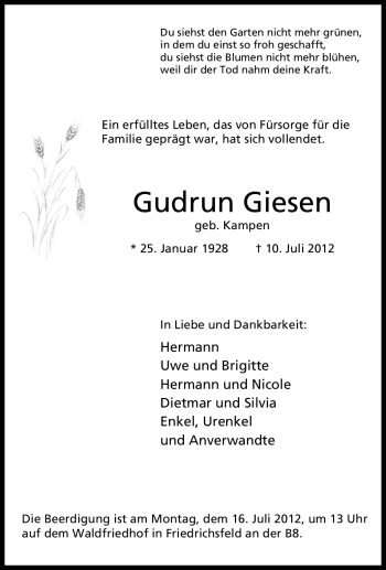 Traueranzeige von Gudrun Giesen von Tageszeitung
