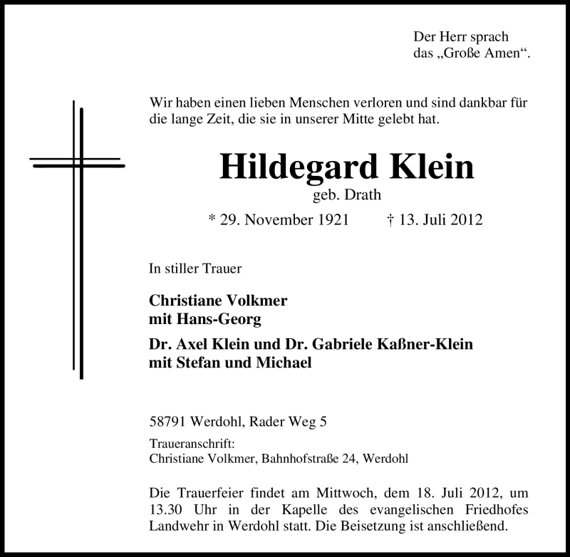  Traueranzeige für Hildegard Klein vom 16.07.2012 aus Tageszeitung