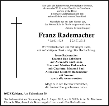 Traueranzeige von Franz Rademacher von Tageszeitung