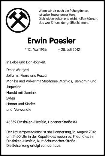 Traueranzeige von Erwin Paesler von Tageszeitung