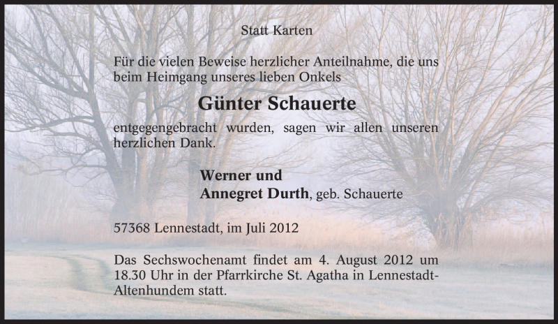  Traueranzeige für Günter Schauerte vom 30.07.2012 aus Tageszeitung
