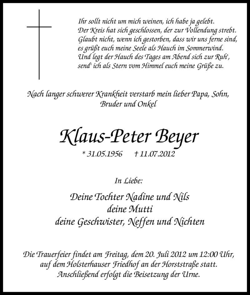  Traueranzeige für Klaus-Peter Beyer vom 14.07.2012 aus Tageszeitung
