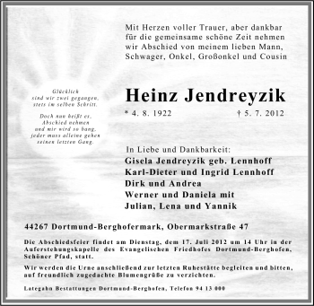 Traueranzeige von Heinz Jendreyzik von Tageszeitung