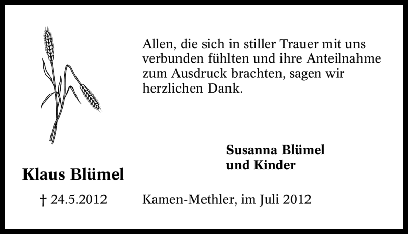  Traueranzeige für Klaus Bümel vom 07.07.2012 aus Tageszeitung