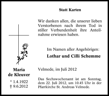 Traueranzeige von Maria de Kleuver von Tageszeitung