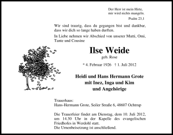 Traueranzeige von Ilse Weide von Tageszeitung