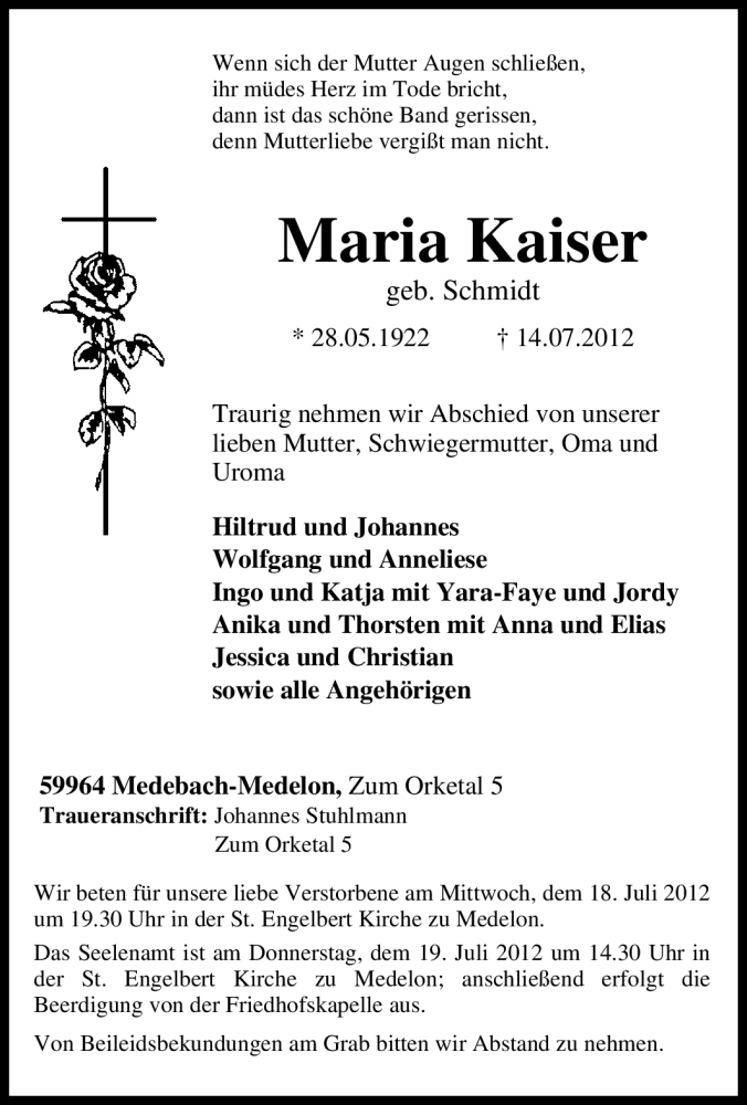  Traueranzeige für Maria Kaiser vom 16.07.2012 aus Tageszeitung