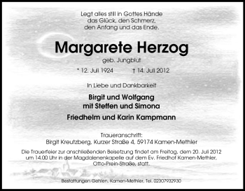Traueranzeige von Margarete Herzog von Tageszeitung