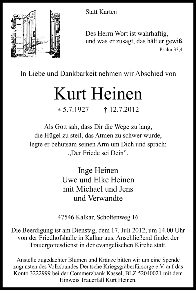  Traueranzeige für Kurt Heinen vom 13.07.2012 aus Tageszeitung