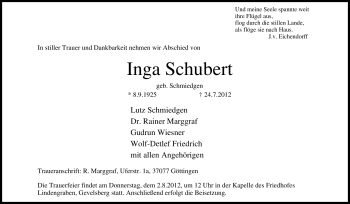 Traueranzeige von Inga Schubert von Tageszeitung