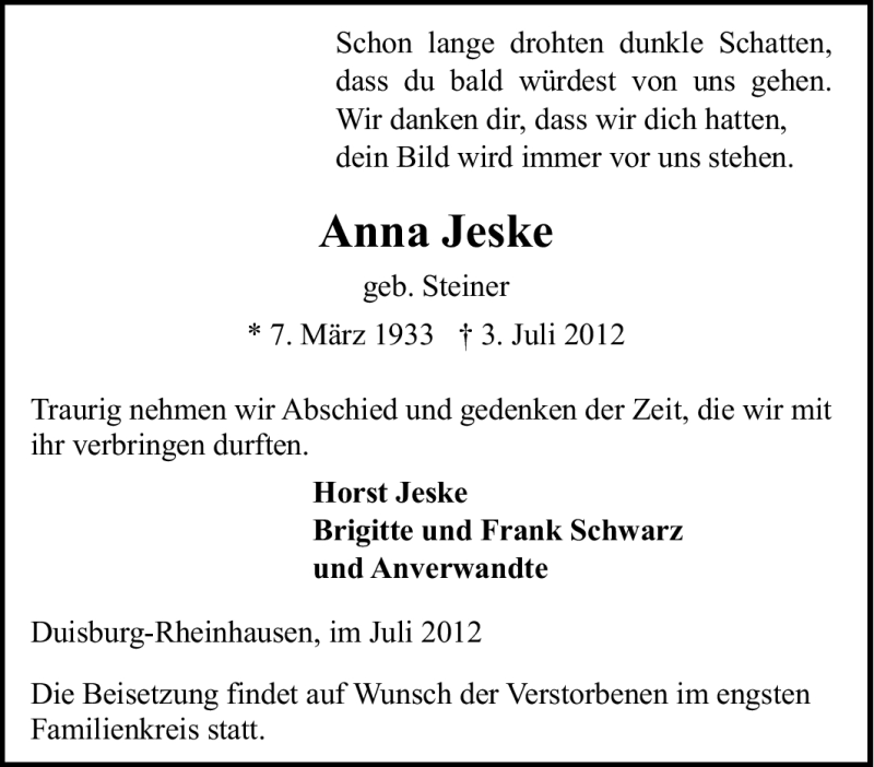  Traueranzeige für Anna Jeske vom 07.07.2012 aus Tageszeitung