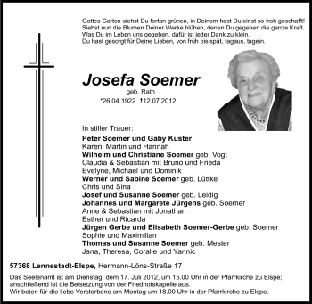 Traueranzeige von Josefa Soemer von Tageszeitung