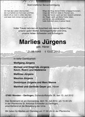 Traueranzeige von Marlies Jürgens von Tageszeitung