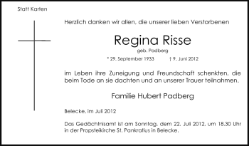 Traueranzeige von Regina Risse von Tageszeitung