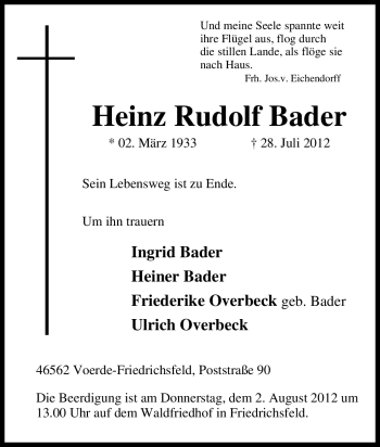 Traueranzeige von Heinz Rudolf Bader von Tageszeitung