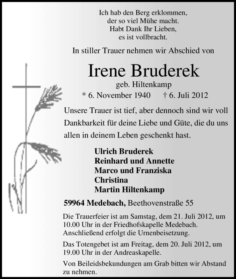  Traueranzeige für Irene Bruderek vom 16.07.2012 aus Tageszeitung
