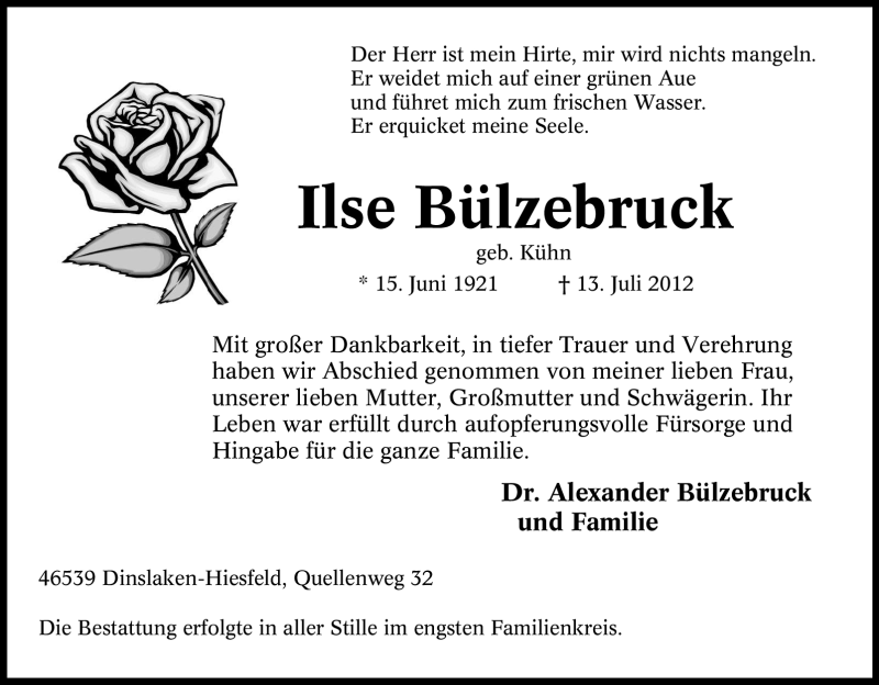 Traueranzeige für Ilse Bülzebruck vom 19.07.2012 aus Tageszeitung