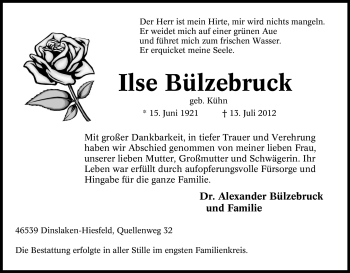 Traueranzeige von Ilse Bülzebruck von Tageszeitung