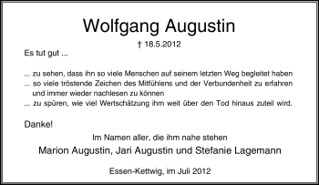 Traueranzeige von Wolfgang Augustin von Tageszeitung