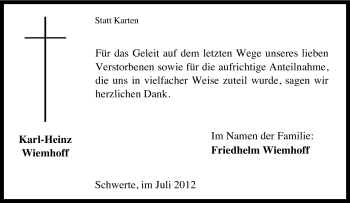 Traueranzeige von Karl-Heinz Wiemhoff von Tageszeitung