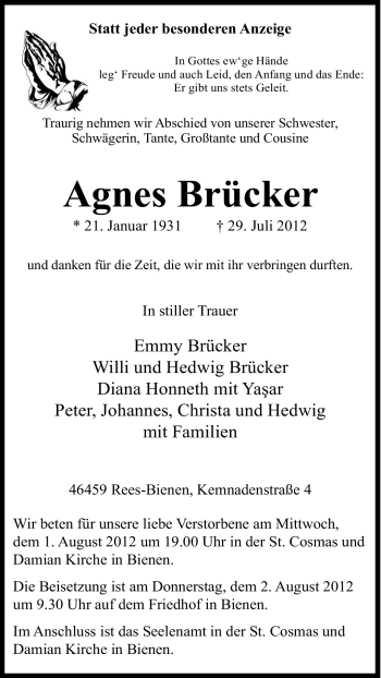 Traueranzeige von Agnes Brücker von Tageszeitung