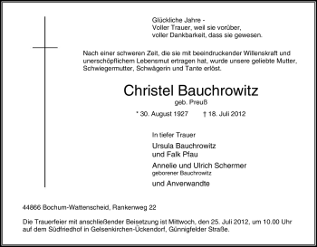 Traueranzeige von Christel Bauchrowitz von Tageszeitung