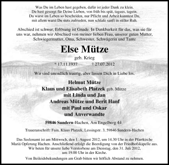 Traueranzeige von Else Mütze von Tageszeitung