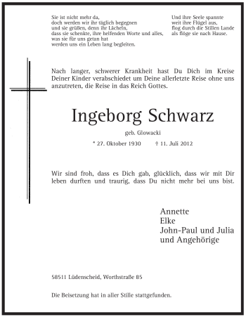 Traueranzeige von Ingeborg Schwarz von Tageszeitung