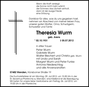 Traueranzeige von Theresia Wurm von Tageszeitung