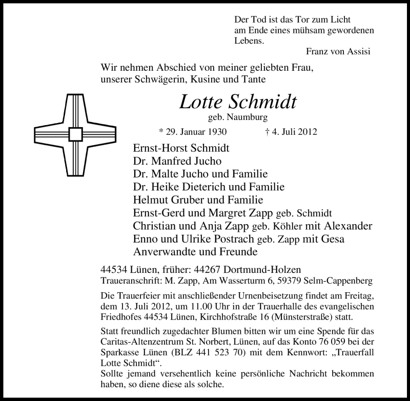  Traueranzeige für Lotte Schmidt vom 07.07.2012 aus Tageszeitung