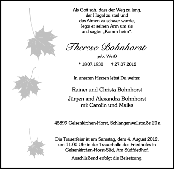 Traueranzeige von Therese Bohnhorst von Tageszeitung
