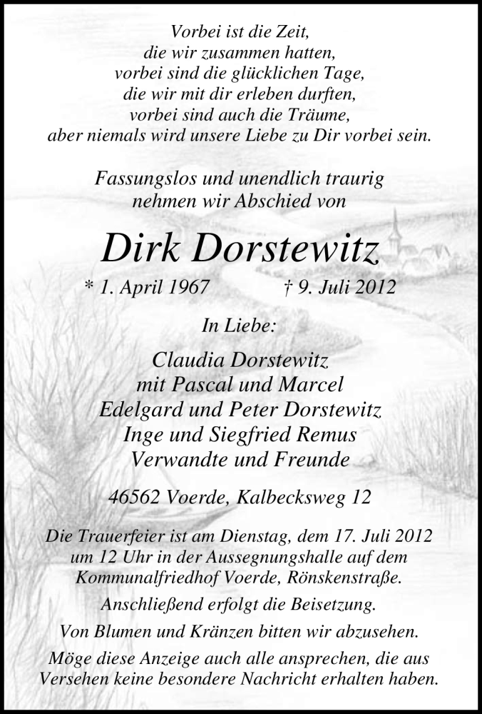 Traueranzeige für Dirk Dorstewitz vom 13.07.2012 aus Tageszeitung