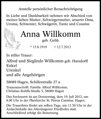 Traueranzeige von Anna Willkomm von Tageszeitung