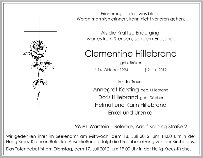  Traueranzeige für Clementine Hillebrand vom 12.07.2012 aus Tageszeitung