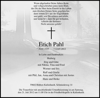 Traueranzeige von Erich Pahl von Tageszeitung
