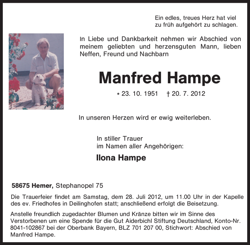  Traueranzeige für Manfred Hampe vom 24.07.2012 aus Tageszeitung