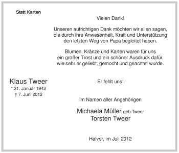 Traueranzeige von Klaus Tweer von Tageszeitung