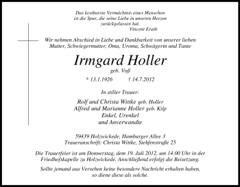 Traueranzeige von Irmgard Holler von Tageszeitung