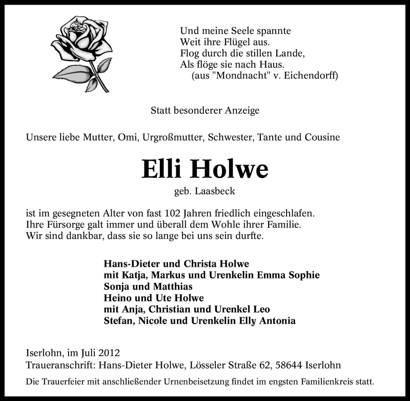  Traueranzeige für Elli Holwe vom 21.07.2012 aus Tageszeitung