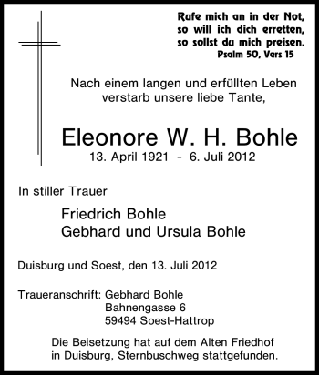 Traueranzeige von Eleonore W. H. Bohle von Tageszeitung