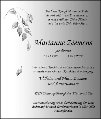Traueranzeige von Marianne Ziemens von Tageszeitung