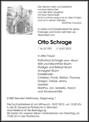Traueranzeige von Otto Schrage von Tageszeitung